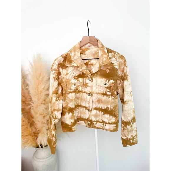 NWT Eggie Tan Tie Dye Trucker Jacket Size Small Grunge Boyfriend Shacket - Picture 1 of 7